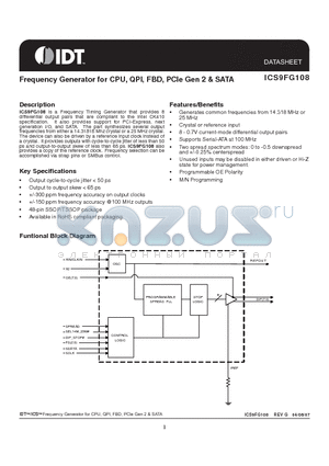 ICS9FG108YGLF-T datasheet - Frequency Generator for CPU, QPI, FBD, PCIe Gen 2 & SATA