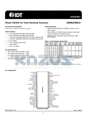 ICS9LP525-2 datasheet - 56-pin CK505 for Intel Desktop Systems