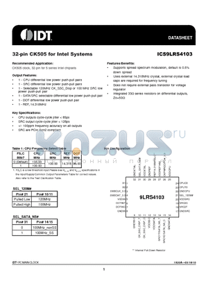 ICS9LRS4103 datasheet - 32-pin CK505 for Intel Systems