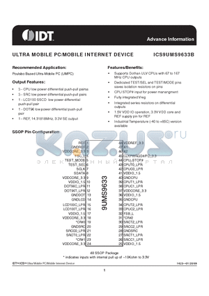 ICS9UMS9633B datasheet - ULTRA MOBILE PC/MOBILE INTERNET DEVICE