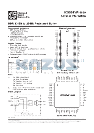 ICSSSTVF16859 datasheet - DDR 13-Bit to 26-Bit Registered Buffer