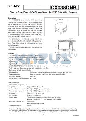 ICX038BNB datasheet - Diagonal 8mm (Type 1/2) CCD Image Sensor for NTSC Color Video Cameras