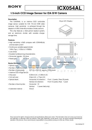 ICX054AL datasheet - 1/3-inch CCD Image Sensor for EIA B/W Camera