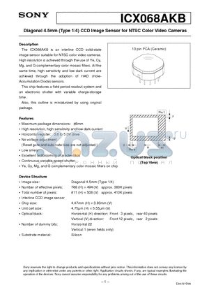 ICX068AKB datasheet - Diagonal 4.5mm (Type 1/4) CCD Image Sensor for NTSC Color Video Cameras