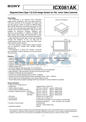 ICX081AK datasheet - Diagonal 6mm (Type 1/3) CCD Image Sensor for PAL Color Video Cameras