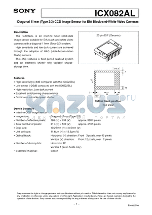 ICX082AL datasheet - Diagonal 11mm (Type 2/3) CCD Image Sensor for EIA Black-and-White Video Cameras