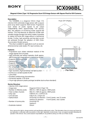 ICX098BL datasheet - Diagonal 4.5mm (Type 1/4) Progressive Scan CCD Image Sensor with Square Pixel for B/W Cameras