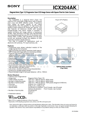 ICX204 datasheet - Diagonal 6mm (Type 1/3) Progressive Scan CCD Image Sensor with Square Pixel for Color Cameras