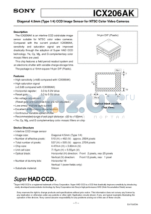 ICX206AK datasheet - Diagonal 4.5mm (Type 1/4) CCD Image Sensor for NTSC Color Video Cameras