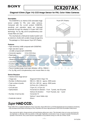 ICX207AK datasheet - Diagonal 4.5mm (Type 1/4) CCD Image Sensor for PAL Color Video Cameras