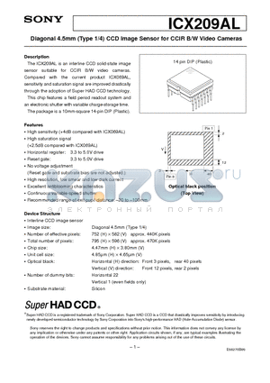ICX209AL datasheet - Diagonal 4.5mm (Type 1/4) CCD Image Sensor for CCIR B/W Video Cameras