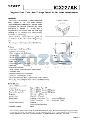 ICX227AK datasheet - Diagonal 4.5mm (Type 1/4) CCD Image Sensor for PAL Color Video Cameras