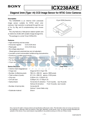 ICX238 datasheet - Diagonal 3mm (Type 1/6) CCD Image Sensor for NTSC Color Cameras