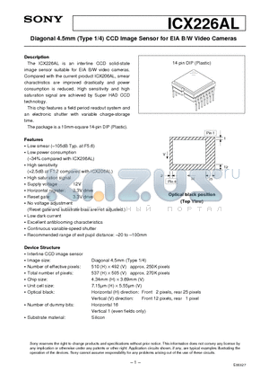 ICX226AL datasheet - Diagonal 4.5mm (Type 1/4) CCD Image Sensor for EIA B/W Video Cameras