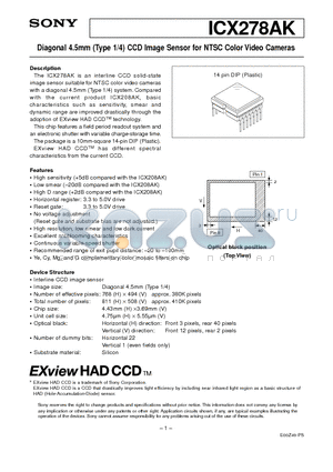 ICX278 datasheet - Diagonal 4.5mm (Type 1/4) CCD Image Sensor for NTSC Color Video Cameras