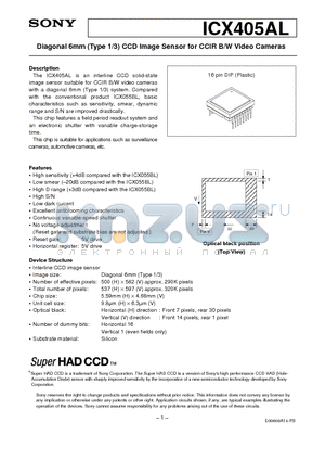 ICX405AL datasheet - Diagonal 6mm (Type 1/3) CCD Image Sensor for CCIR B/W Video Cameras