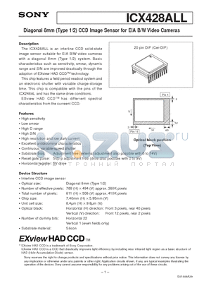 ICX428ALL datasheet - Diagonal 8mm (Type 1/2) CCD Image Sensor for EIA B/W Video Cameras