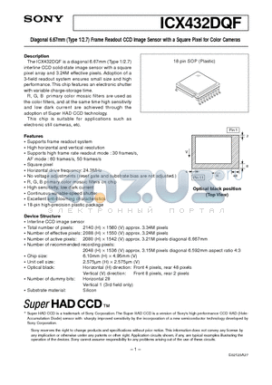 ICX432DQF datasheet - Diagonal 6.67mm (Type 1/2.7) Frame Readout CCD Image Sensor with a Square Pixel for Color Cameras