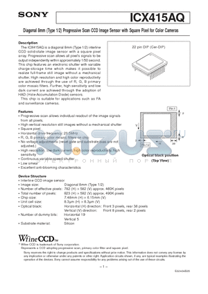 ICX415AQ datasheet - Diagonal 8mm (Type 1/2) Progressive Scan CCD Image Sensor with Square Pixel for Color Cameras