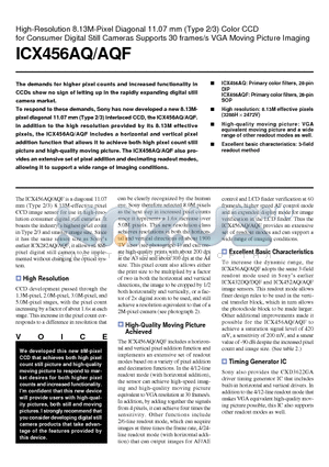 ICX456AQF datasheet - High-Resolution 8.13M-Pixel Diagonal 11.07 mm (Type 2/3) Color CCD for Consumer Digital Still Cameras Supports 30 frames/s VGA Moving Picture Imaging