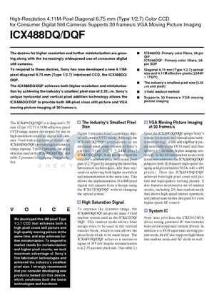 ICX488DQ datasheet - High-Resolution 4.11M-Pixel Diagonal 6.75 mm (Type 1/2.7) Color CCD for Consumer Digital Still Cameras Supports 30 frames/s VGA Moving Picture Imaging