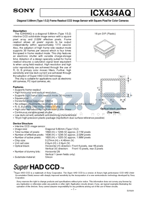 ICX434AQ datasheet - Diagonal 5.68mm (Type 1/3.2) Frame Readout CCD Image Sensor with Square Pixel for Color Cameras