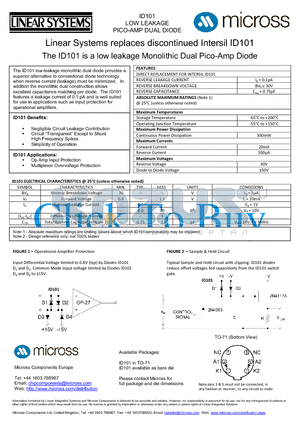 ID101_TO-71 datasheet - a low leakage Monolithic Dual Pico-Amp Diode