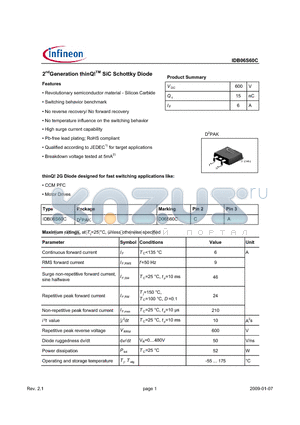 IDB06S60C datasheet - 2nd Generation thinQ SiC Schottky Diode