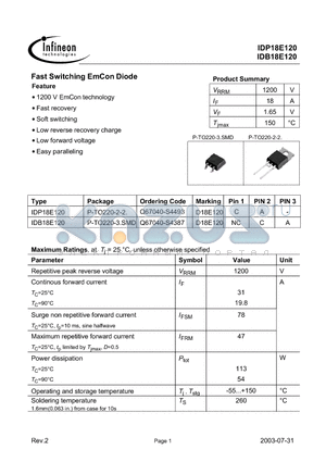 IDB18E120 datasheet - Fast Switching EmCon Diode