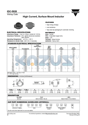 IDC-5020-NB-100-M datasheet - High Current, Surface Mount Inductor