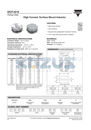 IDCP-2218ER100M datasheet - High Current, Surface Mount Inductor