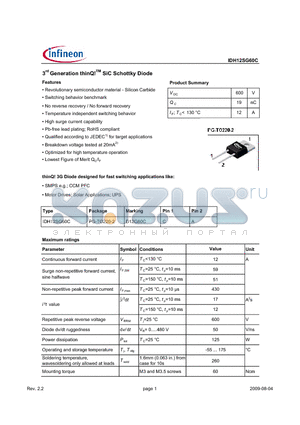 IDH12SG60C datasheet - 3rd Generation thinQ!TM SiC Schottky Diode