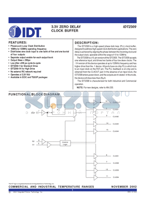 IDT2309 datasheet - 3.3V ZERO DELAY CLOCK BUFFER