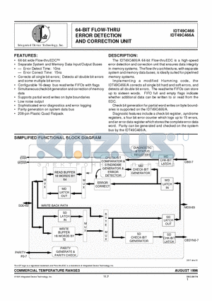 IDT49C466PQF datasheet - 64-BIT FLOW-THRU ERROR DETECTION AND CORRECTION UNIT