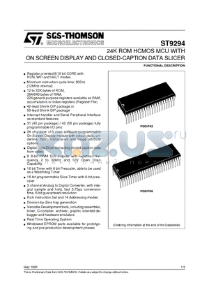 ST9294 datasheet - 24K ROM HCMOS MCU WITH ON SCREEN DISPLAY AND CLOSED-CAPTION DATA SLICER