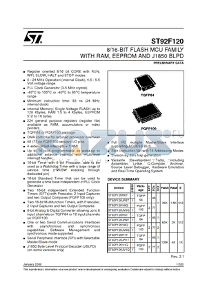 ST92F120JV6Q datasheet - 8/16-BIT FLASH MCU FAMILY WITH RAM, EEPROM AND J1850 BLPD