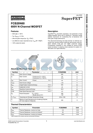 FCB20N60_05 datasheet - 600V N-Channel MOSFET