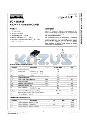 FCH47N60F datasheet - 600V N-Channel MOSFET
