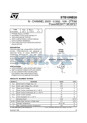 STB10NB20 datasheet - N - CHANNEL 200V - 0.30ohm - 10A - D2PAK PowerMESH] MOSFET