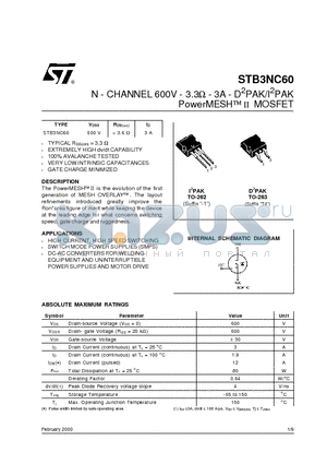 STB3NC60 datasheet - N - CHANNEL 600V - 3.3ohm- 3A - D2PAK/I2PAK PowerMESHII MOSFET