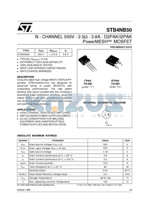 STB4NB50 datasheet - N - CHANNEL 500V - 2.5ohm - 3.8A - D2PAK/I2PAK PowerMESHO MOSFET