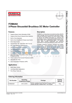 FCM8202 datasheet - 3-Phase Sinusoidal Brushless DC Motor Controller