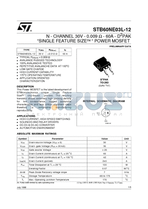 STB60NE03L-12 datasheet - N - CHANNEL 30V - 0.009 OHM - 60A - D2PAK SINGLE FEATURE SIZE  POWER MOSFET