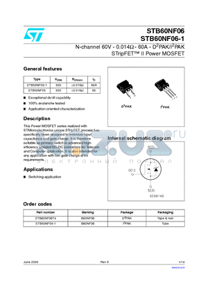 STB60NF06T4 datasheet - N-channel 60V - 0.014Y - 60A - D2PAK/I2PAK STripFET II Power MOSFET