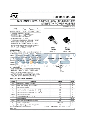STB80NF03L-04 datasheet - N-CHANNEL 30V - 0.0035 ohm - 80A TO-262/TO-263 STripFET POWER MOSFET