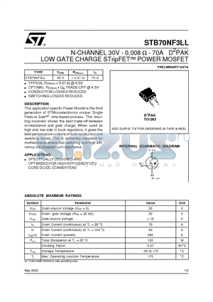 STB70NF3 datasheet - N-CHANNEL 30V - 0.008 ohm - 70A D2PAK LOW GATE CHARGE STripFET POWER MOSFET