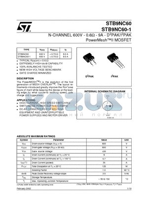 STB9NC60-1 datasheet - N-CHANNEL 600V - 0.6ohm - 9A - D2PAK/I2PAK PowerMeshII MOSFET