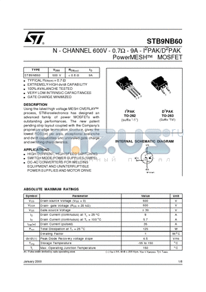 STB9NB60 datasheet - N - CHANNEL 600V - 0.7ohm - 9A - I2PAK/D2PAK PowerMESH MOSFET