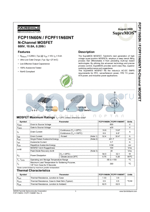 FCPF11N60NT datasheet - N-Channel MOSFET 600V, 10.8A, 0.299Y