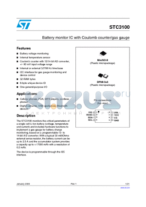 STC3100 datasheet - Battery monitor IC with Coulomb counter/gas gauge